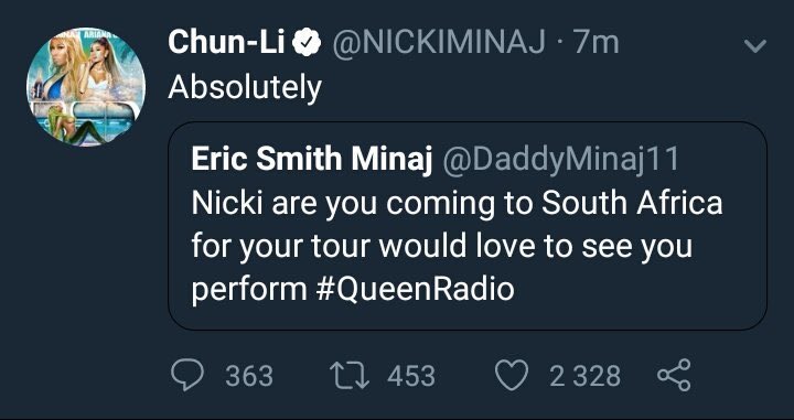 She was supposed to come back for the NickiWRLD tour but I don’t know what happened, hopefully she comes after NM5 drops Chile