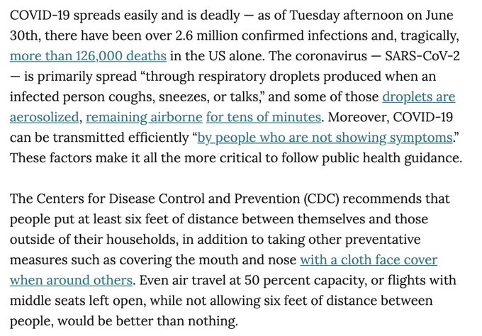 5. We  @FAScientists have asked United and American to block the middle seat. It won't make the problem of long-range aerosols go away but it will reduce the risk of short-range transmission.  @iduncan https://mailchi.mp/fas.org/airline-covid