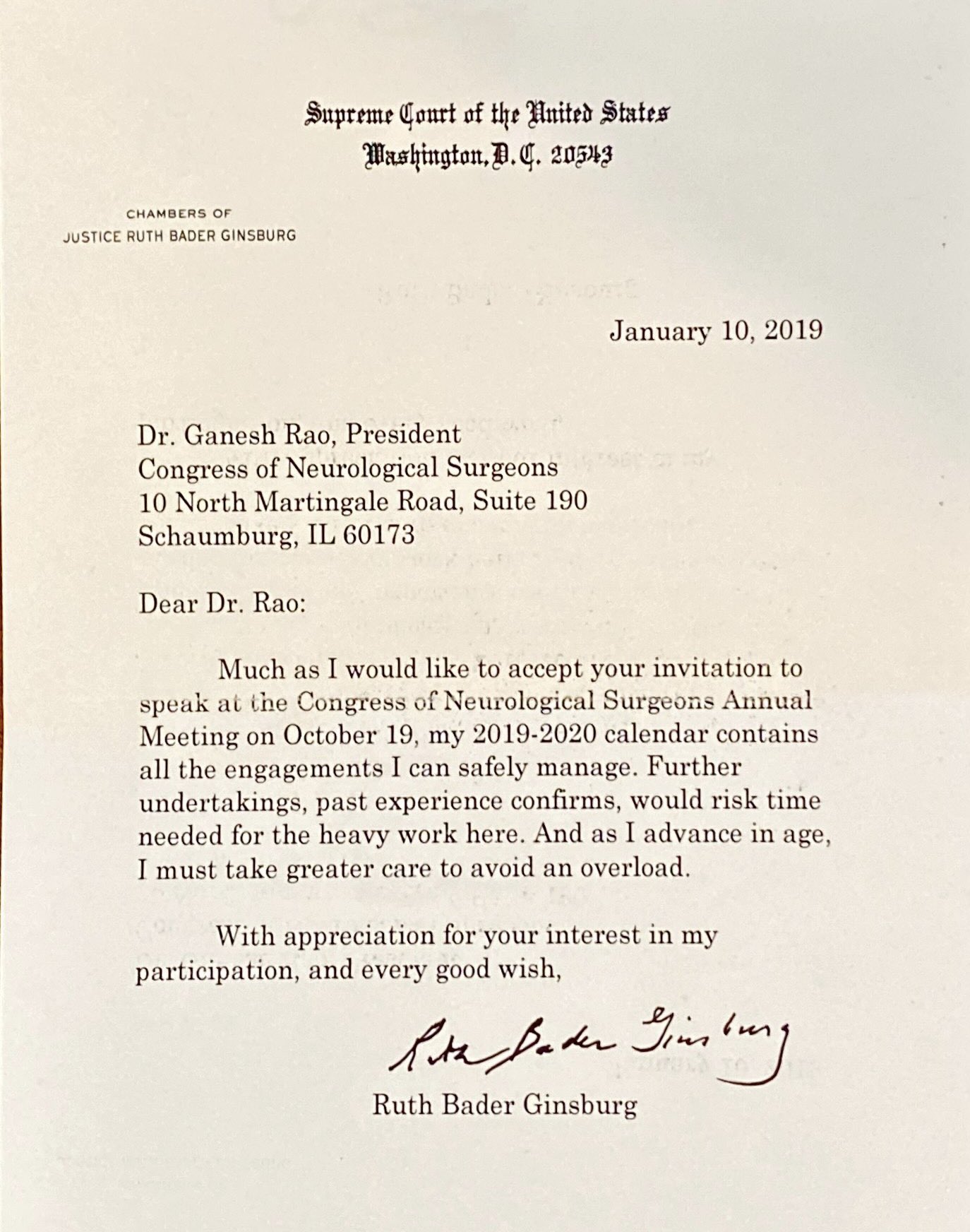 Ganesh Rao M D Last Year I Asked Rbg To Speak At The Cns Update Annual Meeting She Declined By Way Of This Very Thoughtful Note A Reminder Of How Little Things