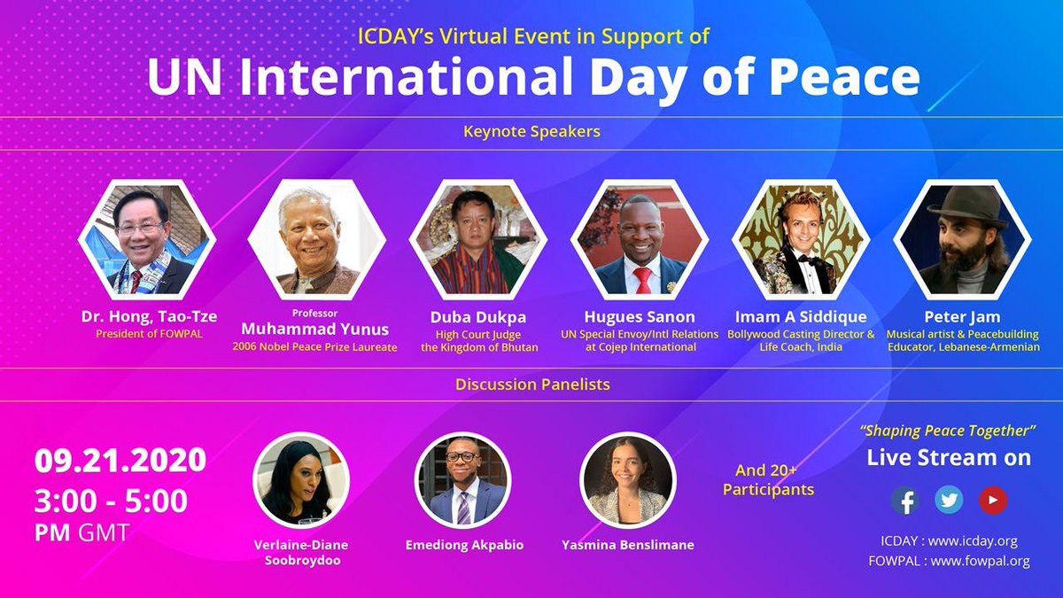 icday2020's tweet photo. Celebrating UN International Day of Peace
Join us for an insightful exchange of ideas and experiences as we work together for a more peaceful and sustainable world during the challenging times of COVID-19 and beyond. 
Watch LIVE together

https://t.co/Frh2uN4kzm

@IMAM_A_SIDDIQUE https://t.co/PgqfpEtP8r