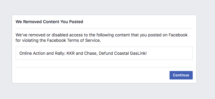 Yesterday, GPUSA and hundreds of Wet’suwet’en frontline and solidarity activists organizing against Coastal GasLink pipeline were blocked from  @Facebook due to a May 7 event targeting  @KKR_Co, major pipeline funder -- project opposed by all of the Wet’suwet’en Hereditary Chiefs.