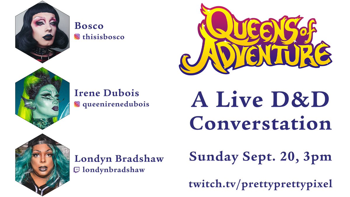 We're doing a fun <a href="/DungeonDrag/">Queens of Adventure</a> livestream today at 4pm pacific with Bosco, @queenirenehunty &amp; <a href="/BradshawLondyn/">Londyn Lucshaw</a> -- join us for a big queer chat, some character creation, and the unveiling of some new looks!