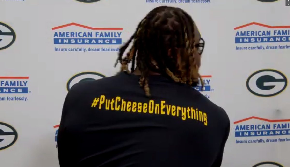 WesHod's tweet photo. Rashan Gary brought his #PutCheeseOnEverything hashtag with him to postgame media availability #Packers https://t.co/iII7rJBgal