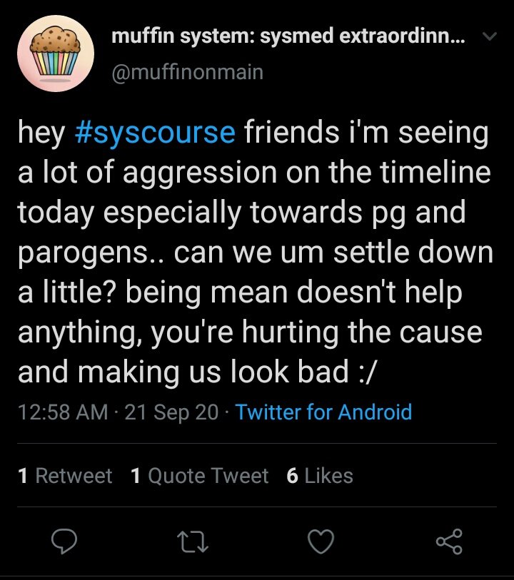  Didn't ya boot me off and say that my argument is mostly out of feeling hurt and that I should just STFU when I point out how shite the syscourse is?But please, do tell me how it isn't violent and it's for the right cause.  https://twitter.com/muffinonmain/status/1307740938522046473