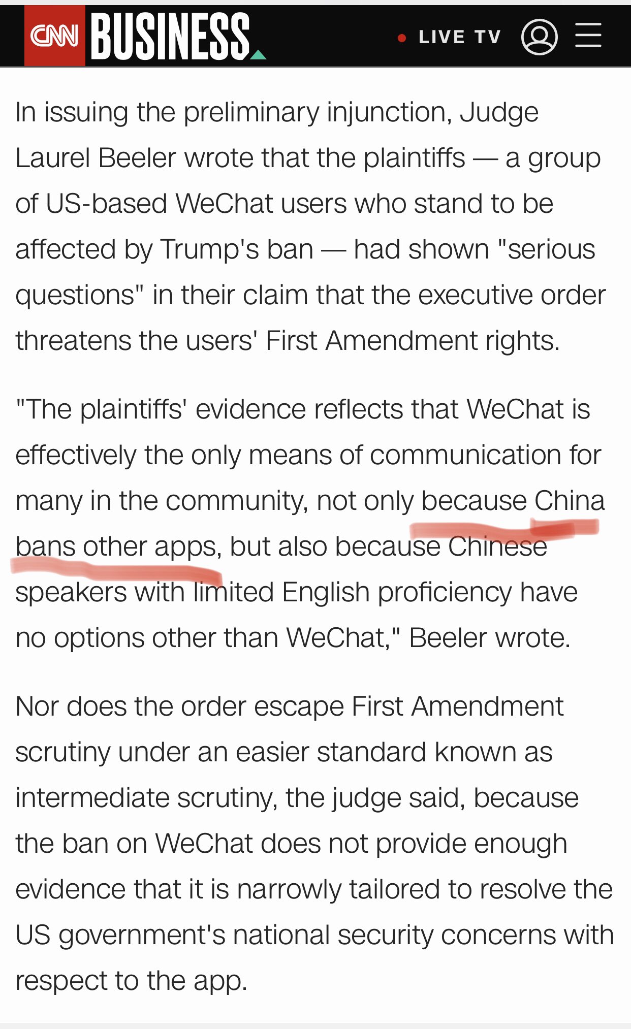 方舟子en Twitter 联邦法官同意暂缓执行微信禁令的理由之一居然是中国把其他软件都禁了 微信是很多华人唯一通讯工具 这不是鼓励中国多禁软件吗 第二条理由是英语不好的人只能用微信是不准确的 其实被禁的通讯软件很多都有 中文版 Https T Co Dku5khb2ty Twitter