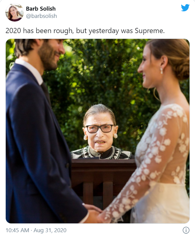 Thread:1. 3 weeks ago, Ruth Bader Ginsburg officiated the wedding of her "family friends" Barbara Solish & Danny Kazin. The bride & groom claim to have tested negative for  #Covid19, but in the pic, you can see that no masks were worn--a detail pointed out by many in the media.