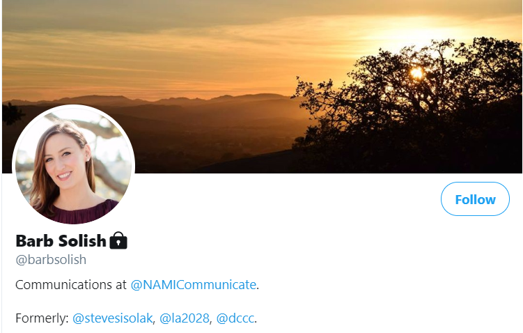 2. Solish is the former Dep. Campaign Mgr for Gov. of Nevada Steve Sisolak. Previously, she was the press sec. for the Democratic Congressional Campaign Committee & the Communications Director for the US House of Representatives. She's locked her account. https://www.zoominfo.com/p/Barb-Solish/1785803524