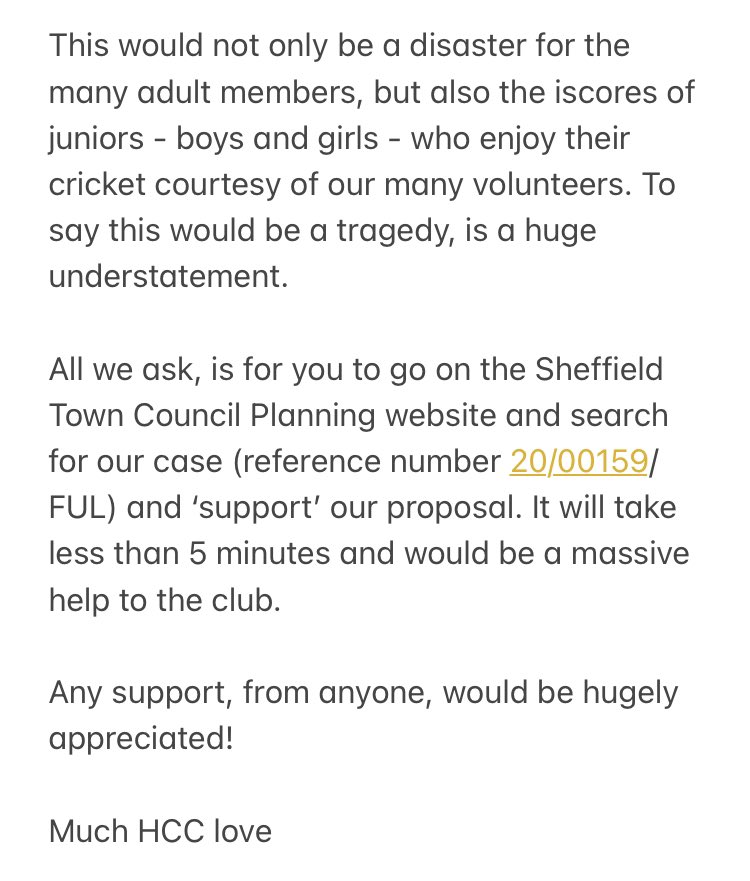 Hallam CC (@hallamcc) on Twitter photo AN URGENT PLEA!!
Please see the attached for a way in which we desperately need you help regarding the future of the club. 
PLEASE RETWEET
#Sheffieldissuper #Sheffield #CricketforAll #cricketconnected #cricketfamily <a href="/cricketyorks/">Cricket Yorkshire</a> <a href="/syscl_uk/">SYSCL.co.uk</a> <a href="/ECB_YSPL/">4 Probate & Wills ECB YSPL</a> <a href="/YDCLcricket/">The Yorkshire & Derbyshire Cricket League</a> <a href="/root66/">Joe Root</a> AN URGENT PLEA!!
Please see the attached for a way in which we desperately need you help regarding the future of the club. 
PLEASE RETWEET
#Sheffieldissuper #Sheffield #CricketforAll #cricketconnected #cricketfamily <a href="/cricketyorks/">Cricket Yorkshire</a> <a href="/syscl_uk/">SYSCL.co.uk</a> <a href="/ECB_YSPL/">4 Probate & Wills ECB YSPL</a> <a href="/YDCLcricket/">The Yorkshire & Derbyshire Cricket League</a> <a href="/root66/">Joe Root</a>