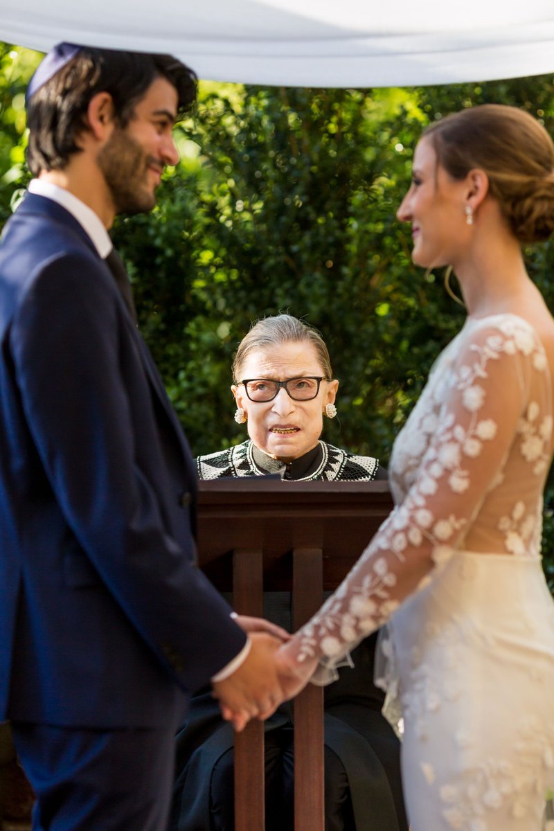 3. Here is the original photo of Ruth Bader Ginsburg officiating the wedding that Solish tweeted.Other than the previously mentioned "no masks," it looks fine enough, right?H/t  https://twitter.com/CBrewster725/status/1300766930492559362>Proceed to next tweet