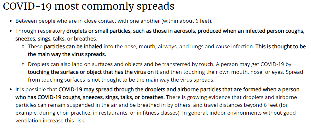 HUGE DEVELOPMENT: CDC just accepted that the main way in which COVID-10 spreads is through aerosols!!"aerosols [...] produced when an infected person [...] sings, talks, or breathes can be inhaled and cause infection. **This is thought to be the main way the virus spreads**