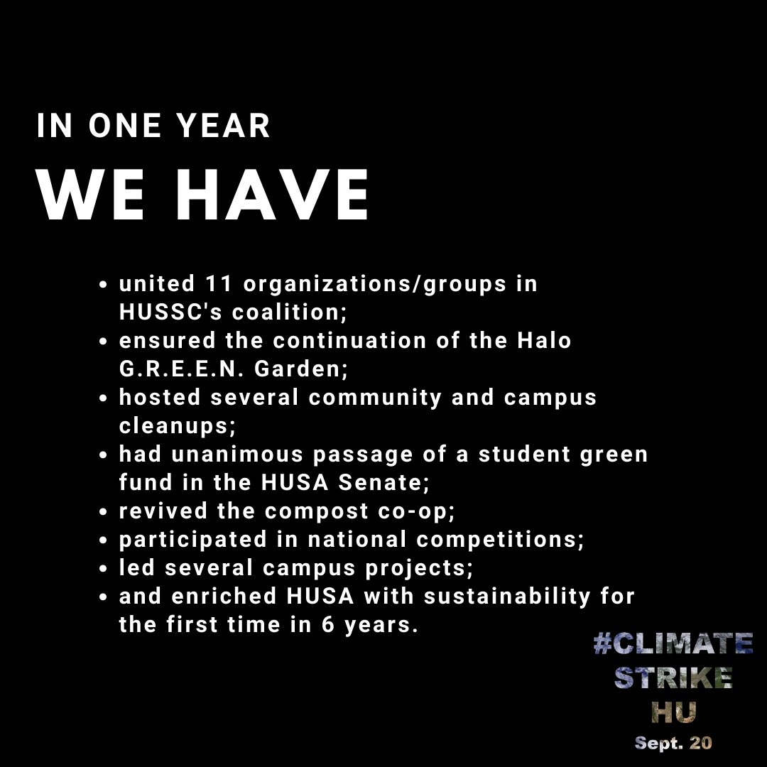 hussc19's tweet photo. A year ago today, #ClimateStrikeHU took place, and HUSSC was born! Thank you to all of those who spoke at, supported, participated in, and helped organize the event.

Take this moment to reflect on how far we’ve come and how far we must go. There is much more to come.🌍✊🏾✊🏿 https://t.co/bQY5ThP3Jw