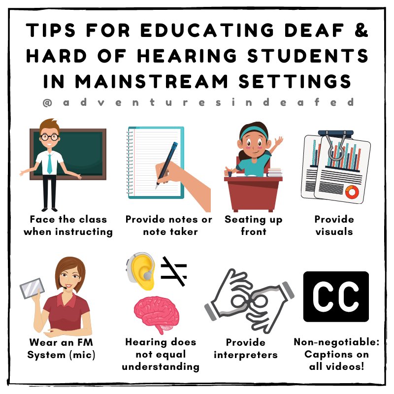 deafedadventure's tweet photo. Tips for Educating Deaf &amp; Hard of Hearing Studengs in Mainstream Settings - See Thread Below (Reposted from my IG account) #DeafAwarenessMonth https://t.co/zztJbuXX8y