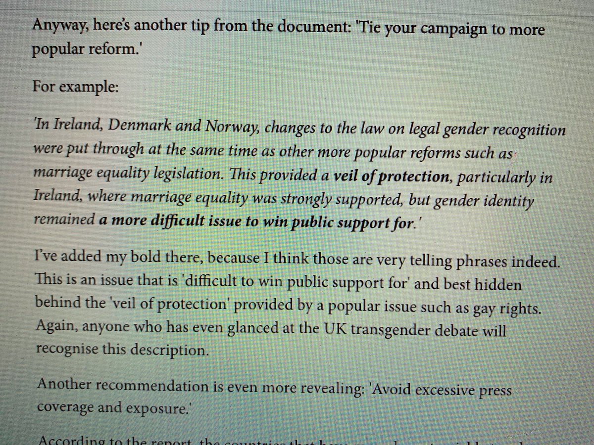 11./ We're told now that Self-ID is "international best practise". It's not. In Ireland, Denmark and Norway Self-ID was smuggled in during campaigns for marriage equality. This was a deliberate tactic as this extract from legal advice to trans lobby groups acknowledges. 