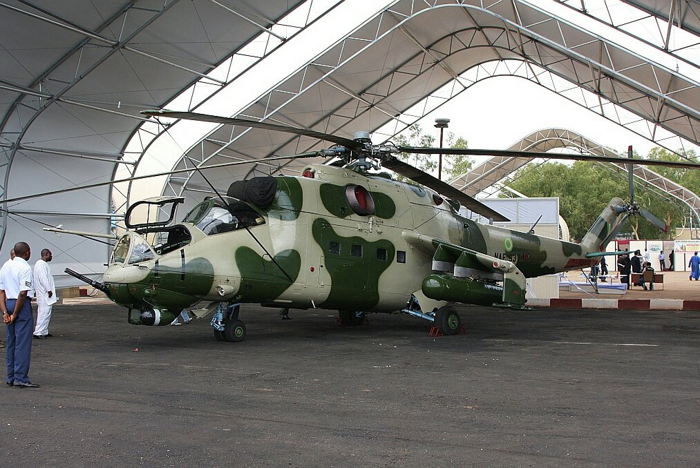 This is an Mi-24 Hind helicopter gunship. It is a land attack helicopter built by the Russians. However this land attack helicopter was what forced Niger Delta militants in the Gulf of Guinea go the negotiating table.How?