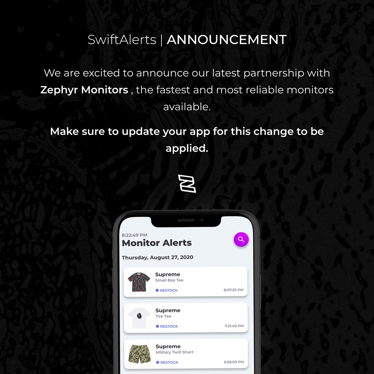 SwiftSoleiOS's tweet photo. Introducing our latest partnership, with @ZephyrMonitors! Update available via the App Store.

Five random Retweets will receive a FREE 3-month subscription to SwiftAlerts 💜🎉 https://t.co/hGlJf0I6Nu