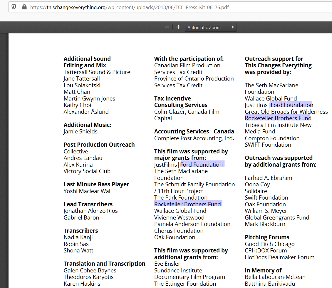 In her famous 2007 book "The Shock Doctrine," Naomi Klein correctly showed how the Ford Foundation was a CIA cutoutLess than a decade later Klein's film "This Changes Everything" was funded by CIA cutouts the Ford Foundation and Rockefeller Brothers Fund https://thegrayzone.com/2020/09/07/green-billionaires-planet-of-the-humans/