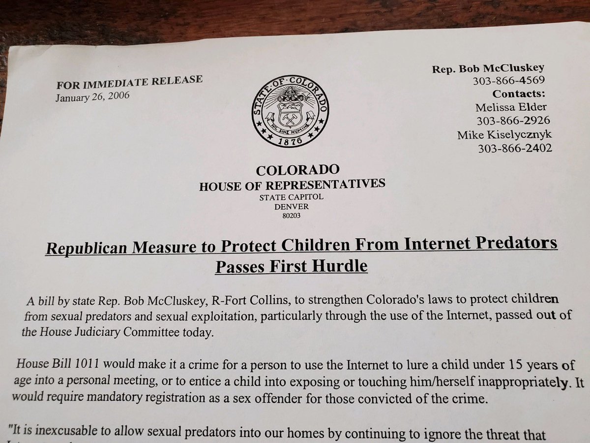 bobmccluskey's tweet image. If you want something done, Bob&apos;s gets the job done!

2006 Internet Predator bill, introduced by myself as State Rep. , in an effort to strengthen Colorado&apos;s laws to protect our youth!

Action speaks louder, than words! #ProvenPolitician #KeepLarimerLocal