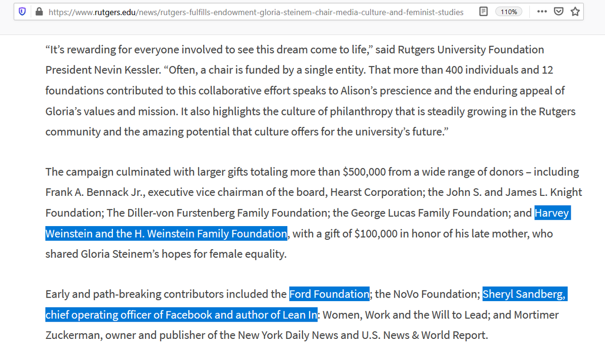 Most shocking of all, guess who has funded  @NaomiAKlein's position, Rutgers University's "Gloria Steinem Chair in Media, Culture, and Feminist Studies":Convicted sexual predator Harvey Weinstein, CIA cutout Ford Foundation and billionaire Sheryl Sandberg https://www.rutgers.edu/news/rutgers-fulfills-endowment-gloria-steinem-chair-media-culture-and-feminist-studies