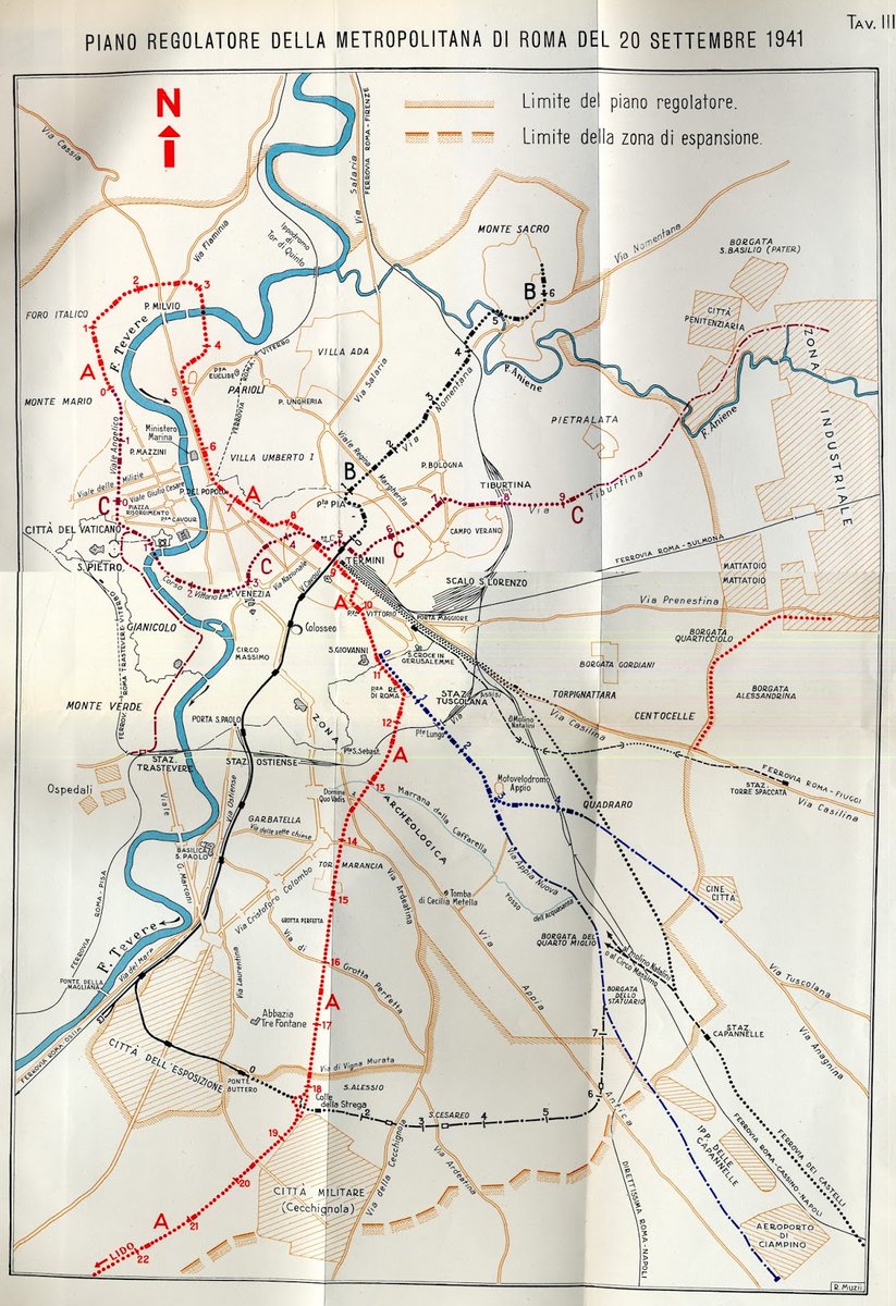 7/Despite the war, the first real masterplan envisioning the construction of a 3-line network was made in 1941. It shows the then u/c Termini-E.U.R. line (black), to be integrated into the future line B.