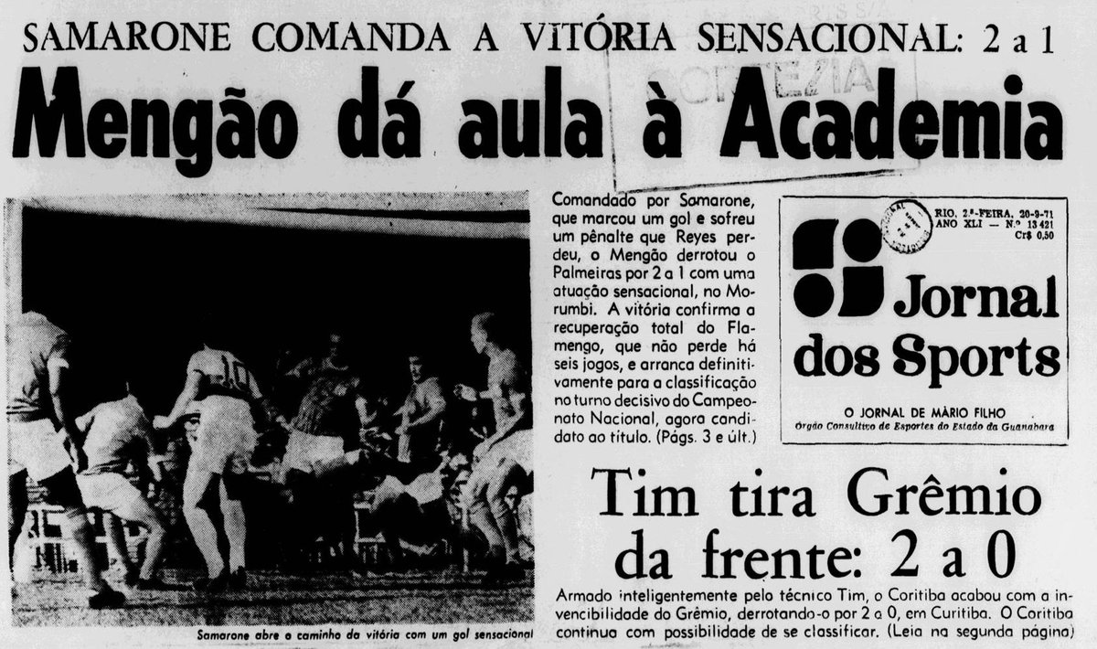 flahistoria's tweet photo. 20/09/1971 #flahistoria 
[📰 Jornal dos Sports]

Mengão da aula à Academia

Palmeiras 1x2 Flamengo

#FlaBr1971 #PALxFLA https://t.co/JlQh4q5mpY
