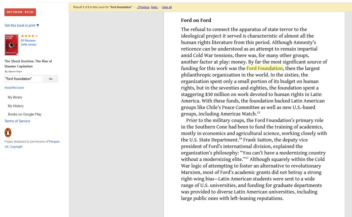 Someone also correctly documented in their book how CIA cutout the Ford Foundation helped support the fascist coup regimes in Chile and Indonesia and trained the regimes' extreme neoliberal economistsWho documented this important information? Oh right,  @NaomiAKlein back in 2007