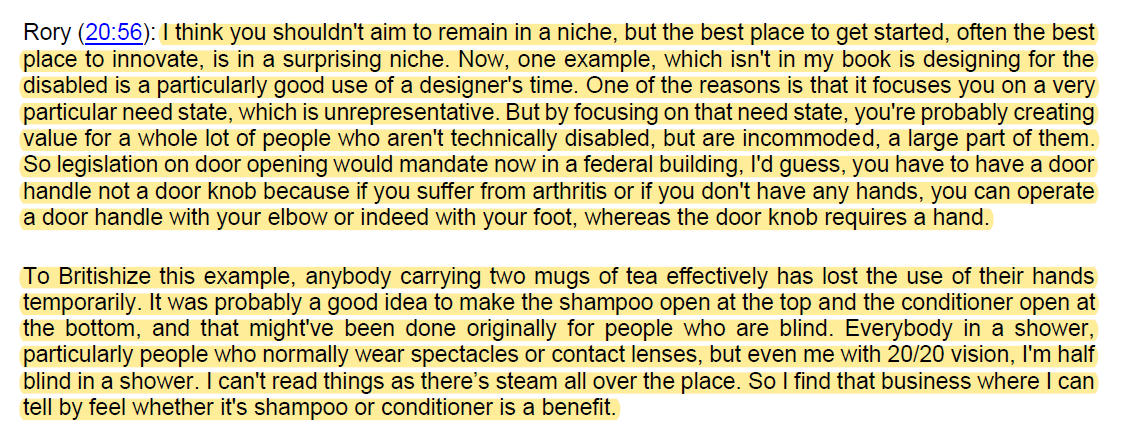 7/ "...designing for the disabled is a particularly good use of designer's time."Reminded me of Taleb's piece on "The Dictatorship of the Small Minority"  https://medium.com/incerto/the-most-intolerant-wins-the-dictatorship-of-the-small-minority-3f1f83ce4e15