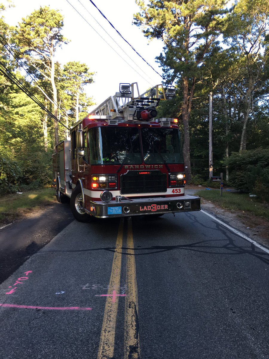 Sandwich F.F.'s Asa Meiggs Rd with tree in power lines. Power Outage in area.