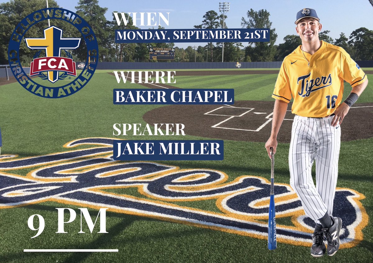 TOMORROW!! We’re back in Baker Chapel @ 9 PM! Come hear the message FCA Vice President and ETBU baseball player Jake Miller has prepared for us! We can wait for another night of fellowship!! See y’all there!! 🐯