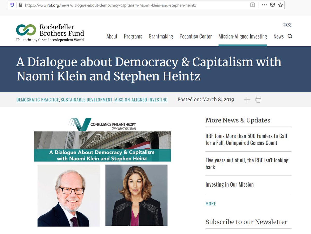 . @NaomiAKlein participated in an event with CIA cutout the Rockefeller Brothers Fund (RBF) in 2019.The Rockefeller oligarchic dynasty is closely linked to US intelligence.RBF founded a "Special Studies Project" in the 1950s, led by Kissinger, to plan the Cold War on socialism