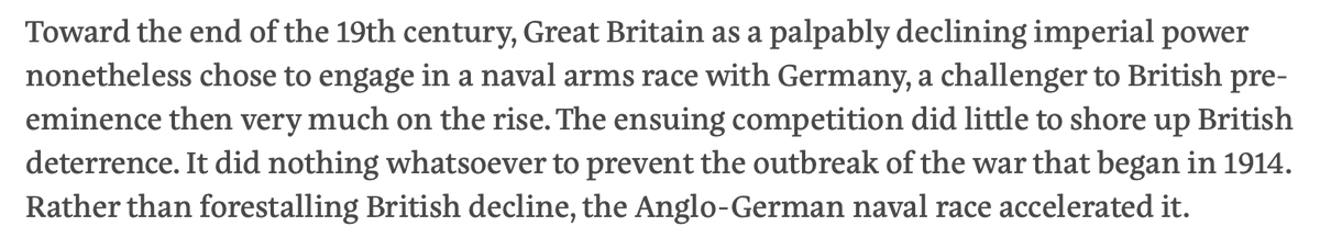 This paragraph on the Anglo-German naval arms race, from Andrew Bacevich's recent article in the American Prospect, has been bugging me since I first read it.  https://prospect.org/world/china-conundrum-deterrence-as-dominance/