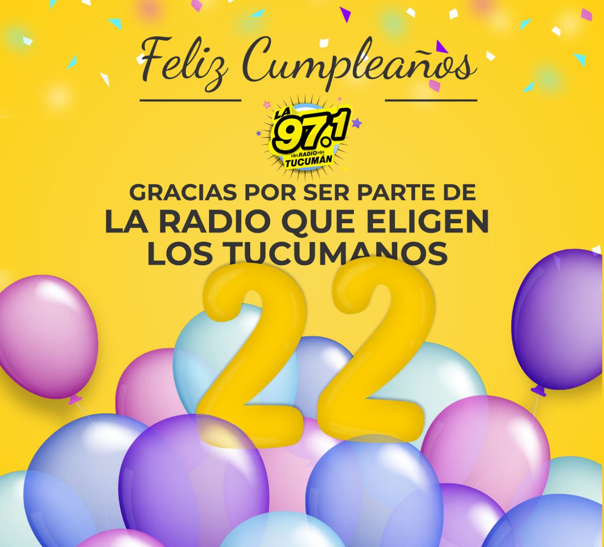 RadioTucuman971's tweet photo. 22 AÑOS | ESTAMOS MUY CONTENTOS DE ESTAR TODOS LOS DIAS EN EL AIRE
#Tucumán #RTuc https://t.co/xzKNVI5gBM