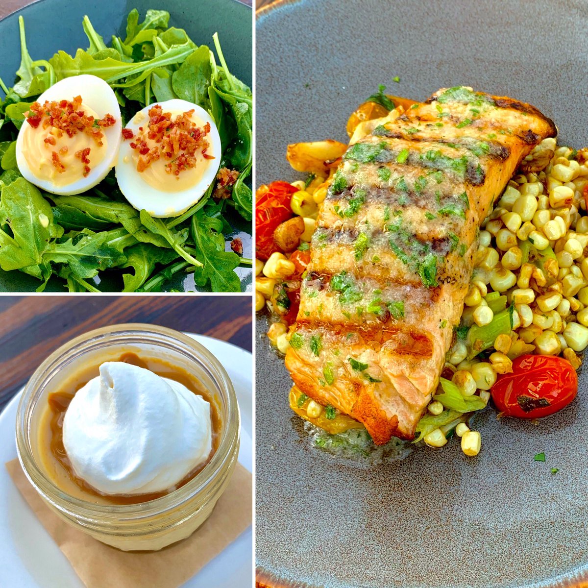 barbrix's tweet image. Such a pretty Sunday Supper tonight! for pickup/delivery/dine in on september 20, 5-9:30 pm
• deviled eggs carbonara with parmesan &amp;amp; pancetta
• grilled salmon with late summer corn succotash
• butterscotch budino with salted carmel sauce  $25
reservations/orders: (323)662-2442