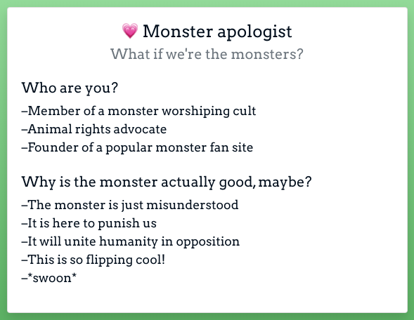 A screen shot of the Monster Apologist character card with suggestions for who they are and why the monster is maybe good, actually.