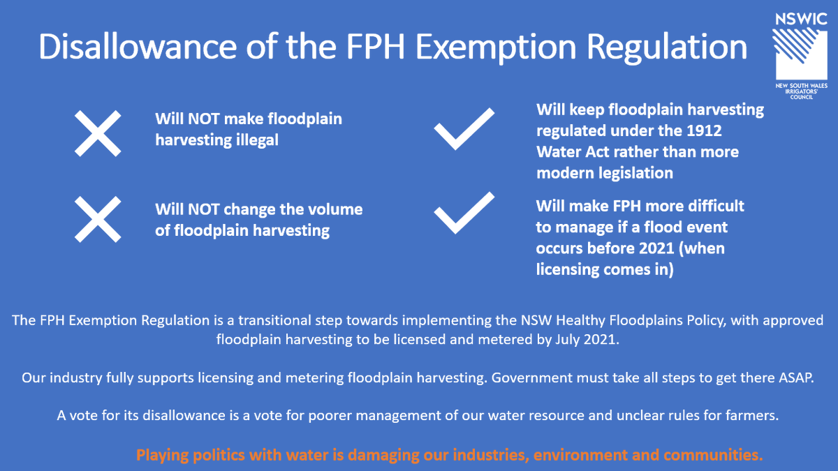 Disallowance doesn’t make floodplain harvesting illegal, it just leaves FPH under old-fashioned legislation passed in 1912, 50 years before the first cotton crop was picked in NSW. #FactsMatter #PolicyNotPolitics