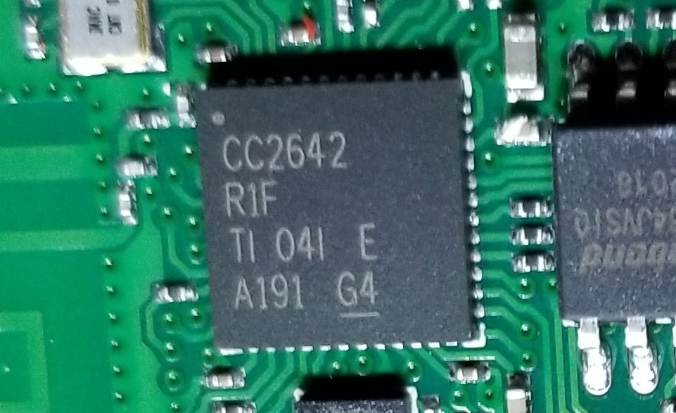 So the big question: What chip is that?Well, it's a CC2642R. That's a TI SimpleLink, a 32bit ARM chip with built in bluetooth.