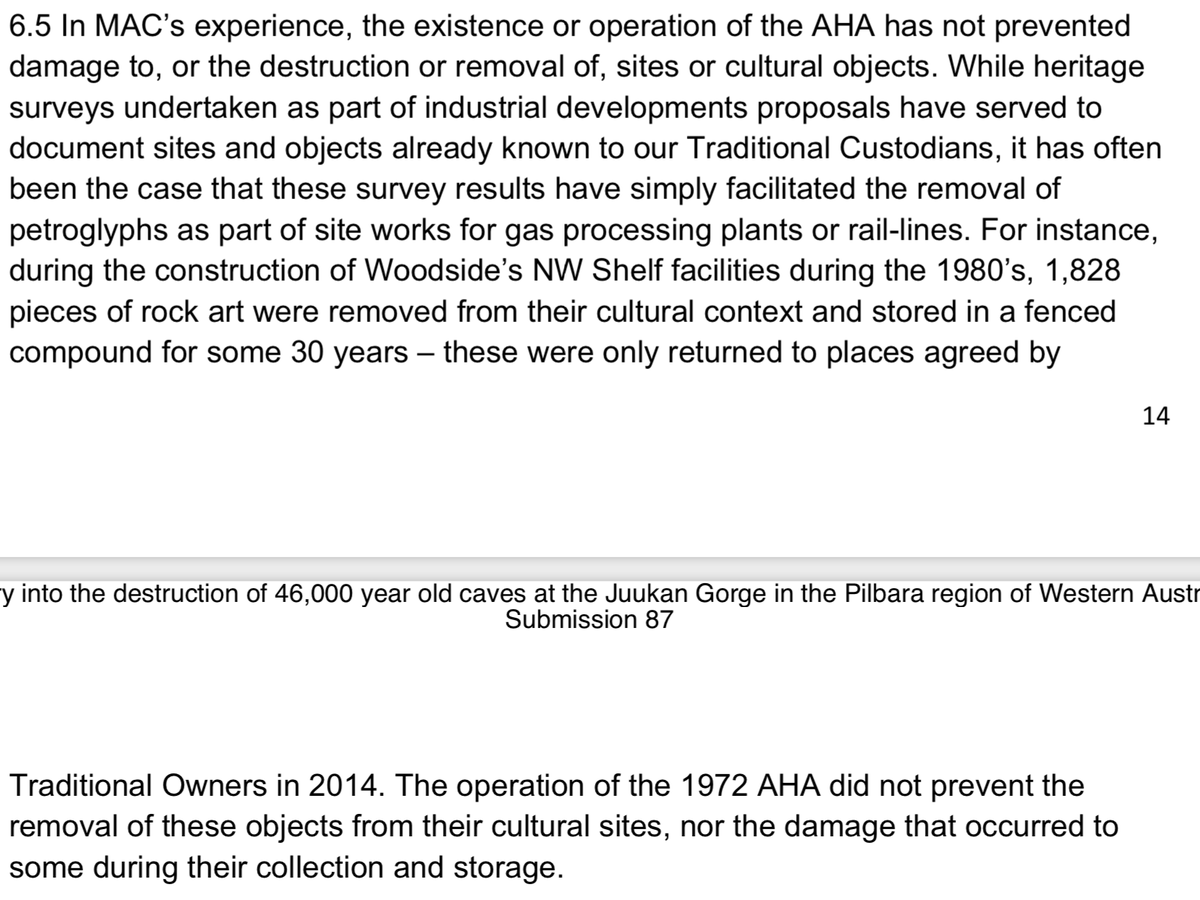 Here's what the Murujuga Aboriginal Corporation said about the removal of those petroglyphs, in its submission to the inquiry. It's one of the darkest moments in the recent history of the Burrup.