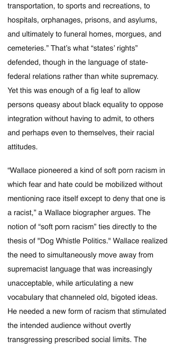 The GOP didn’t end up here by accident and Trump isn’t off script. This is the Southern Strategy hymnal and it works b/c hatred of Black people knows no regional bounds in America. It works b/c everyone else has to be on their knees for them to feel tall. Don’t omit that either.  https://twitter.com/docrocktex26/status/768590520708763650