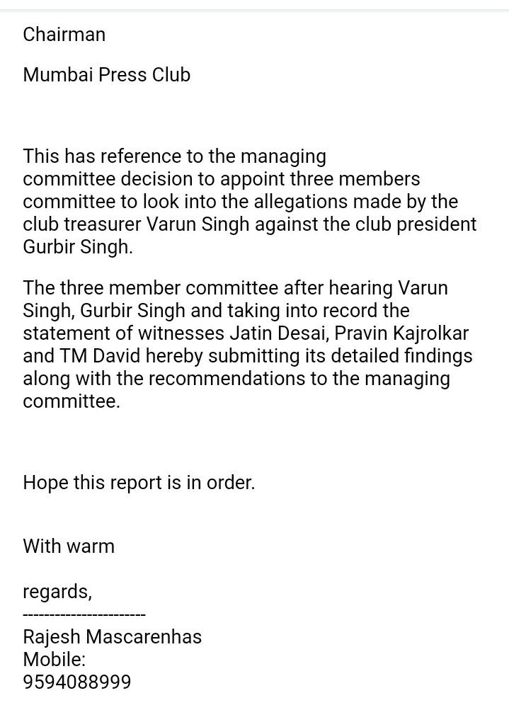 After heated argument at club, Gurbir used foul language (G**d word) to Varun for which he lodged written complaint at MPC-MC n 3 members committee of  @rajeshmET  @lata_MIRROR, Kalpana Rane looked into allegations; inquiry concluded Gurbir guilty n Rs 5000 fine slapped (Cont)