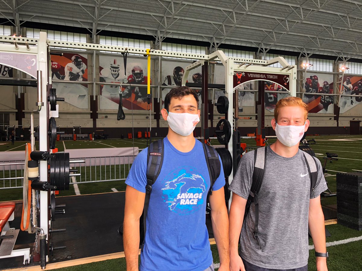 GranataLab's tweet photo. Granata Lab #HokiesMaskUp to protect the well being of those around them, even during preliminary data collection (ft. @marctlewis). #biomechanics #sportsscience @BEAMvt @HokiesFB @Virginia_Tech https://t.co/pEJ61fetCK