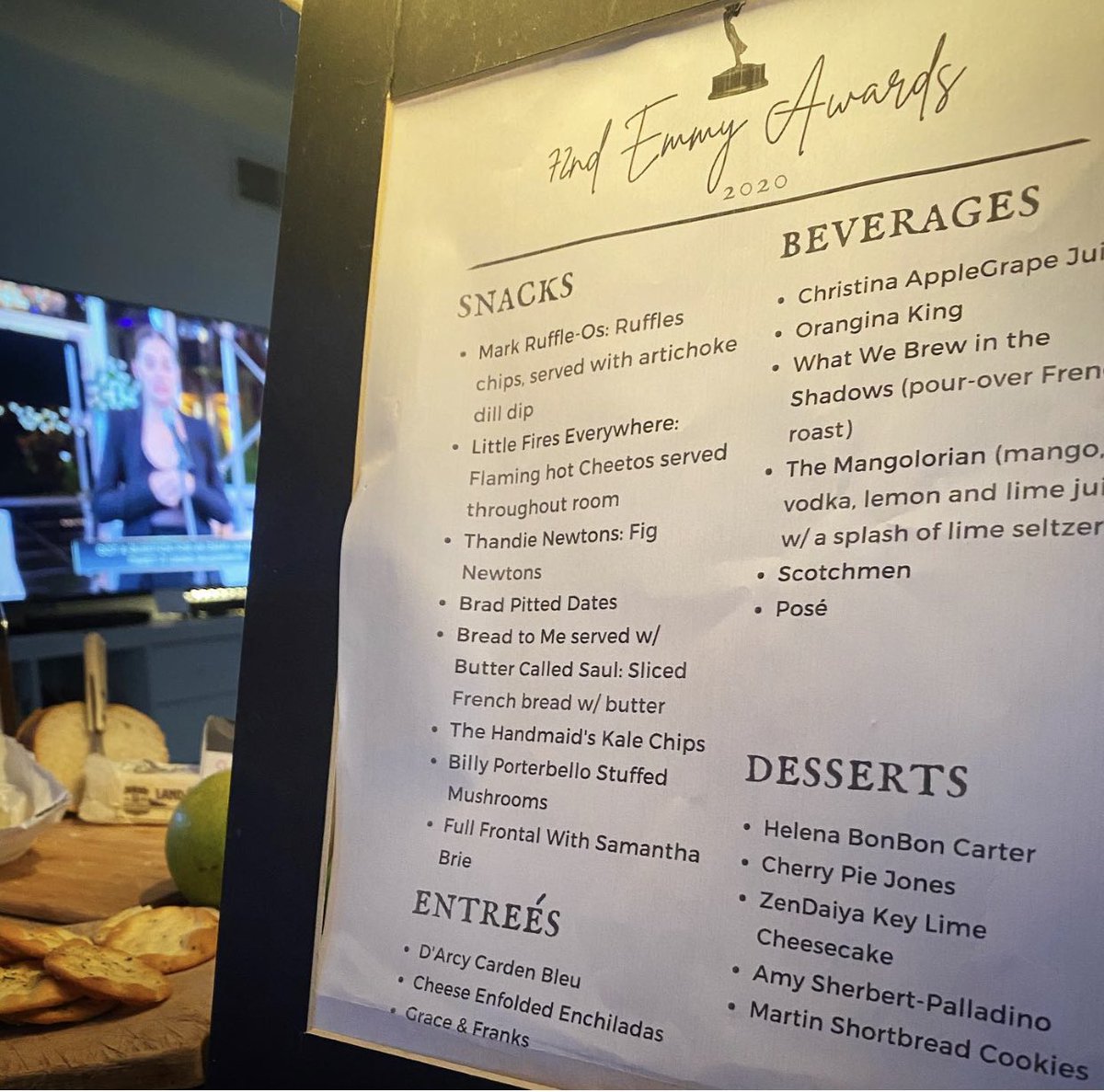 Smethanie's tweet image. our #emmys menu tonight #foldinthecheese