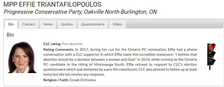 Provided below are some of the comments as to why the red light was given. The comment on MPP Triantafilopoulis shows how phony the CCL is in their faith in God. It also reveals how much they want to dictate and/or judge others.