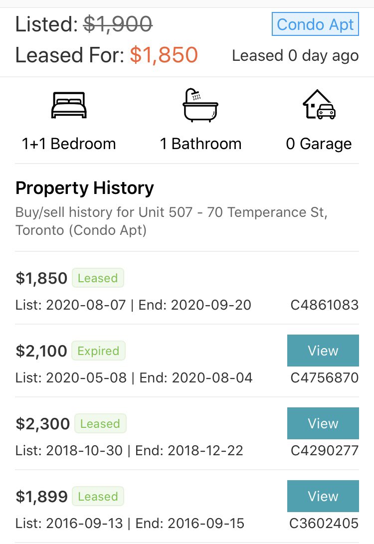 The Latest in Toronto RentsThis condo was just leased for ~20% below the 2018 rented price & even below 2016 priceRents being rolled back to 2015 levels hereWith a 5 yr roll back in rents, likely means 7-8 yrs of neg real rent in the world class city of Toronto #cdnecon