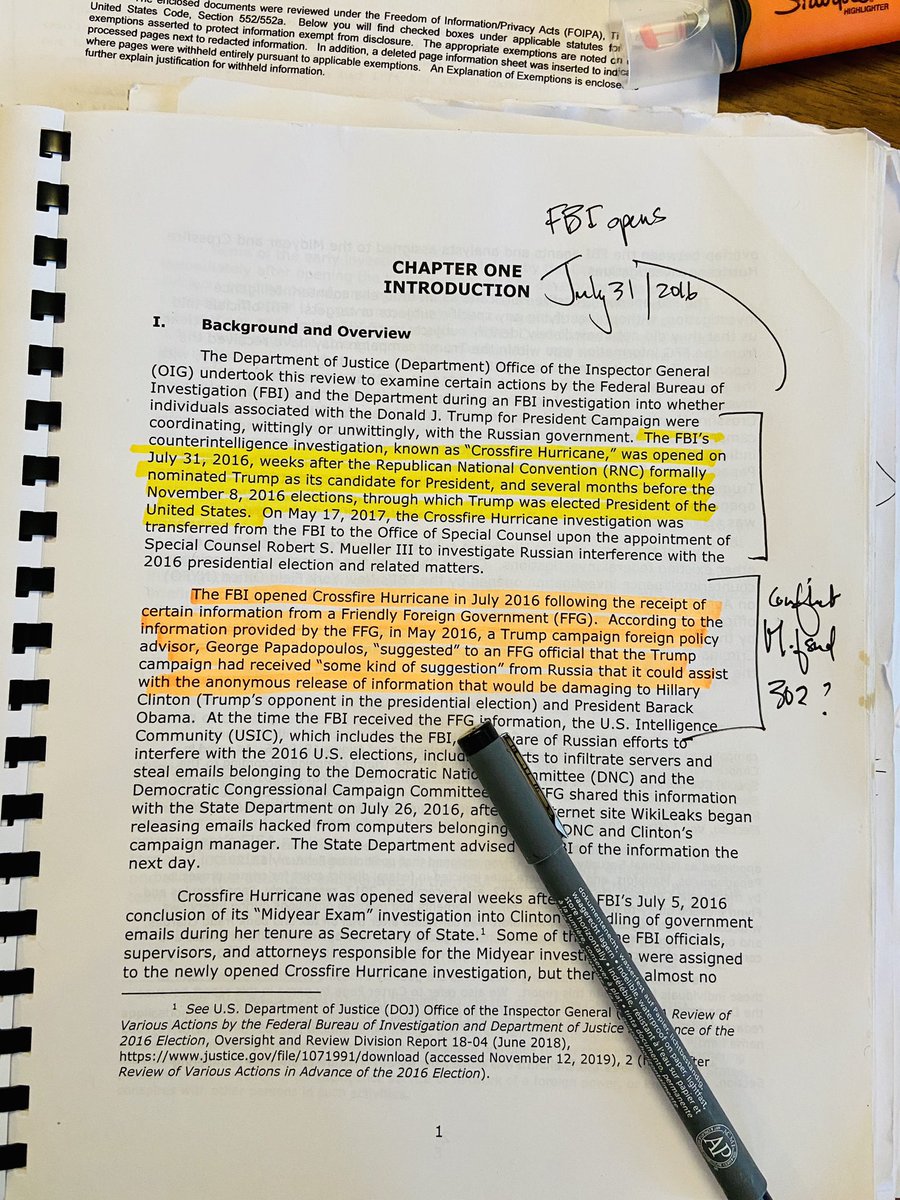 In other news... #Durham This recent, 600+ page FOIA  #Buzzfeed litigation contains noteworthy FBI records about the origins of the Russia probe -- US Attorney John Durham's focus. Compare & Contrast: IG Horowitz pg. 1 that states  "Crossfire Hurricane" opened based on information