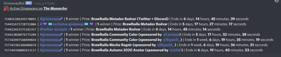 These are all the giveaways going on over at discord.gg/themonarchy

#brawlhalla #giveaways
