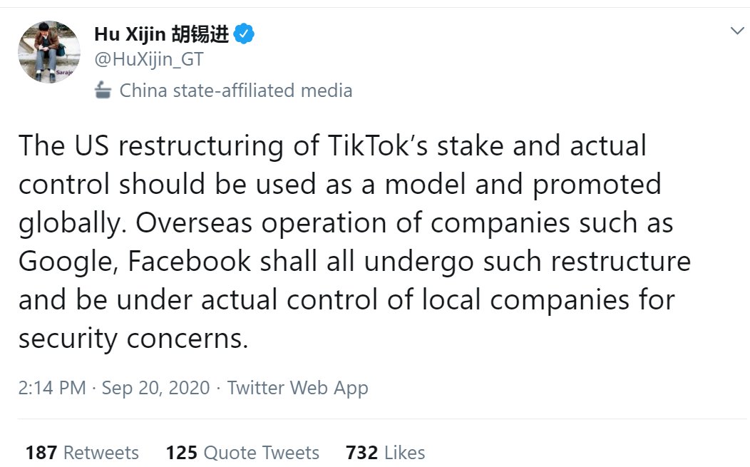 Never a good sign when Chinese media is touting and promoting the TikTok restructuring as a model for what should happen globally.What's clear is that the US has bumbled its way into a precedent the consequences of which it hasn't anticipated. (h/t  @EBKania for flagging!)