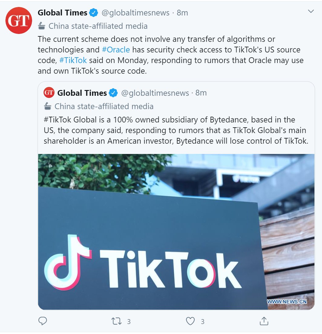 Chinese state media stating that the new TikTok Global will be 100% owned by Bytedance. Seems to contradict what we know of the deal (80% Bytedance ownership).Bottom line is that according to PRC, it will still have control over TikTok. What has been accomplished?