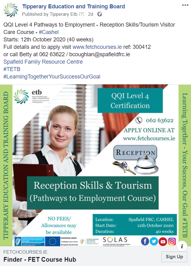 fet_nenagh's tweet photo. Another #PathwaystoEmployment opportunity has been added the @TipperaryETB #Facebook page. #ReceptionSkills & #Tourism course #Cashel ๐
@CentreSpafield https://t.co/TIjLfVTbYZ