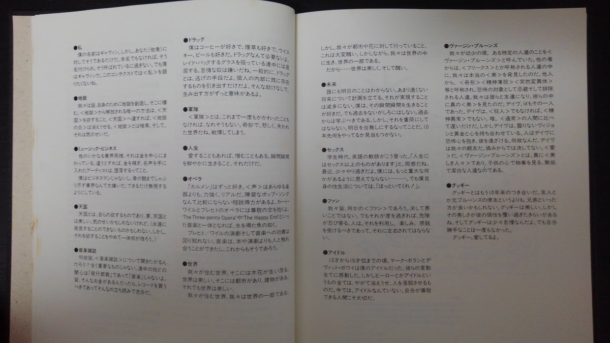 M141 Uk Edisonで80年代後半に買った Virgin Prunes あるいは皆殺しの天使 インタビューやらコラムやらでギャビンの頭の中がちりばめられている ボノが回想録添えてたり なぜかノイバウテンのブリクサの詩が載ったりしてる 表紙に刻印されているのは
