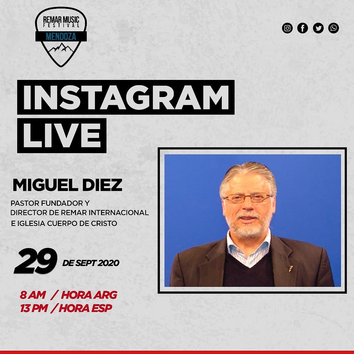 RockRemar's tweet photo. Martes 29 de Setiembre 

INSTAGRAM LIVE @remarfestmza

entrevista a Miguel Díez 

Pastor Fundador de Remar Internacional y Iglesia Cuerpo de Cristo.

@OngRemar https://t.co/bSTpfmzTTc