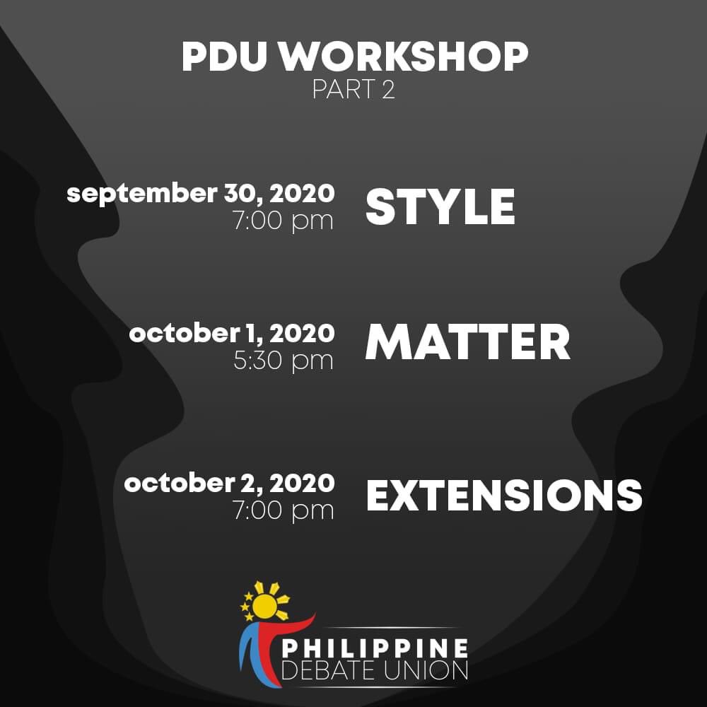 The second PDU Workshop is not yet over!

Here is our next lineup of topics to help you improve your arsenal of debate tactics!

The lectures from last week can also be found here: bit.ly/PDUWorkshop

We do hope to see everyone there!

#PDUWorkshop2